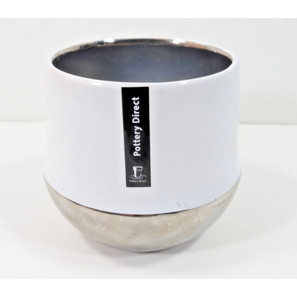 Pottery Direct White and Silver Metallic Ceramic Planter Round Modern Pot